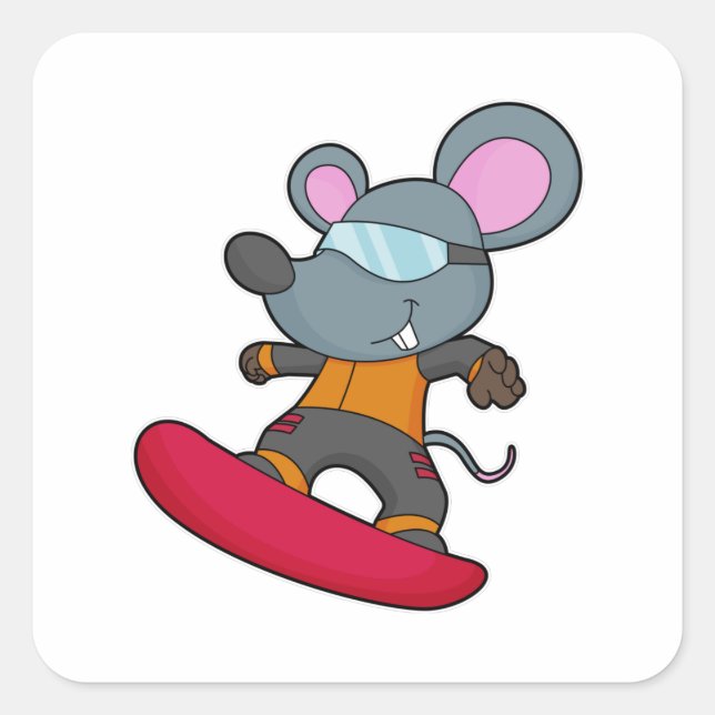 Mouse as Snowboarder with Snowboard Square Sticker (Front)