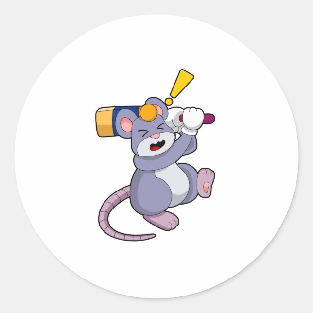 Mouse at Cricket with Cricket bat Classic Round Sticker (Front)