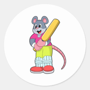 Mouse at Cricket with Cricket bat Classic Round Sticker