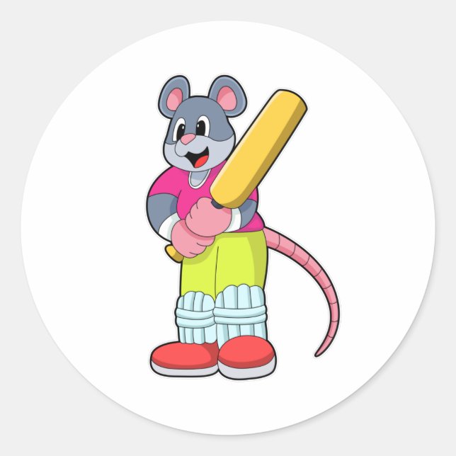 Mouse at Cricket with Cricket bat Classic Round Sticker (Front)