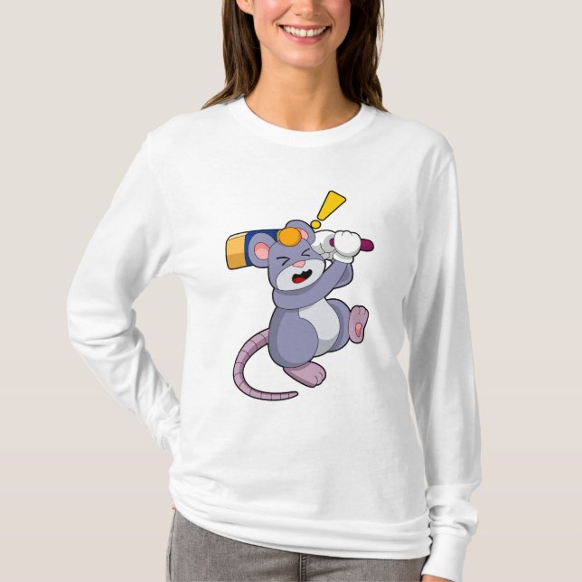 Mouse at Cricket with Cricket bat T-Shirt (Front)