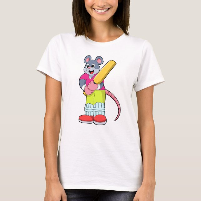 Mouse at Cricket with Cricket bat T-Shirt (Front)