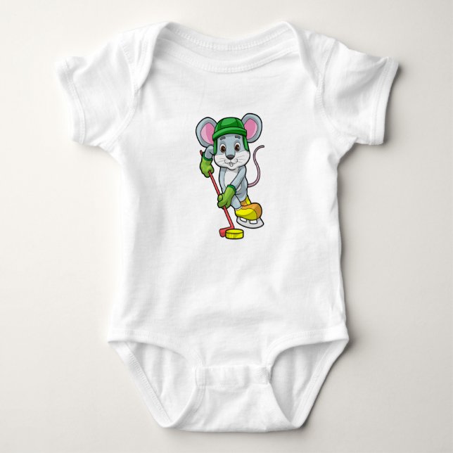 Mouse at Ice hockey with Hockey stick Baby Bodysuit (Front)
