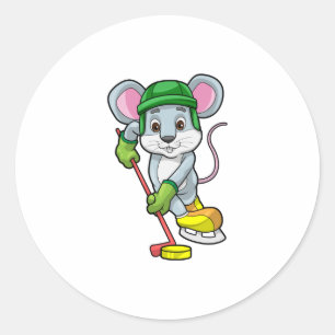 Mouse at Ice hockey with Hockey stick Classic Round Sticker