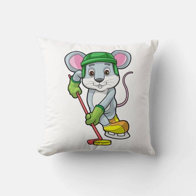 Mouse at Ice hockey with Hockey stick Cushion (Front)