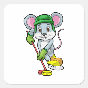 Mouse at Ice hockey with Hockey stick Square Sticker