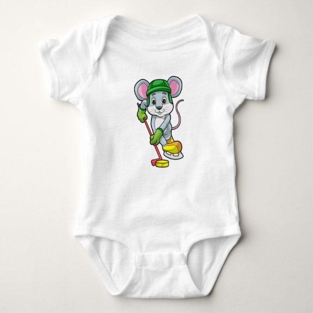 Mouse at Ice hockey with Ice hockey stick Baby Bodysuit (Front)