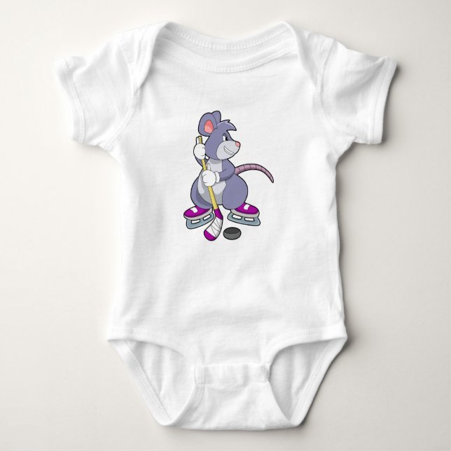 Mouse at Ice hockey with Ice hockey stick Baby Bodysuit (Front)