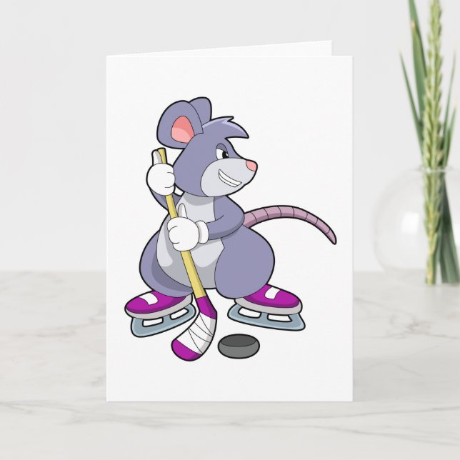 Mouse at Ice hockey with Ice hockey stick Card (Front)