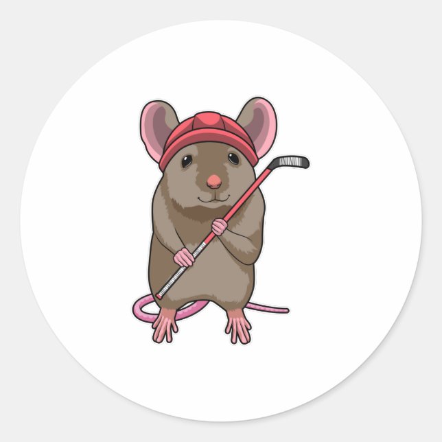 Mouse at Ice hockey with Ice hockey stick Classic Round Sticker (Front)