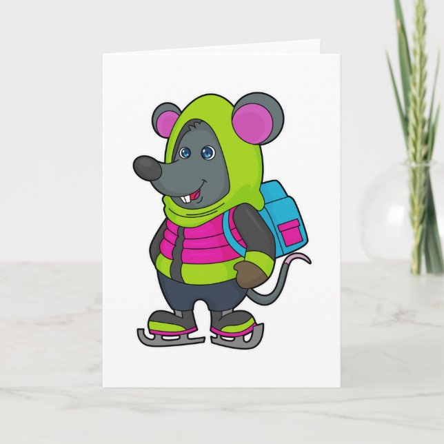 Mouse at Ice skating with Ice skates & Backpack.pn Card (Front)