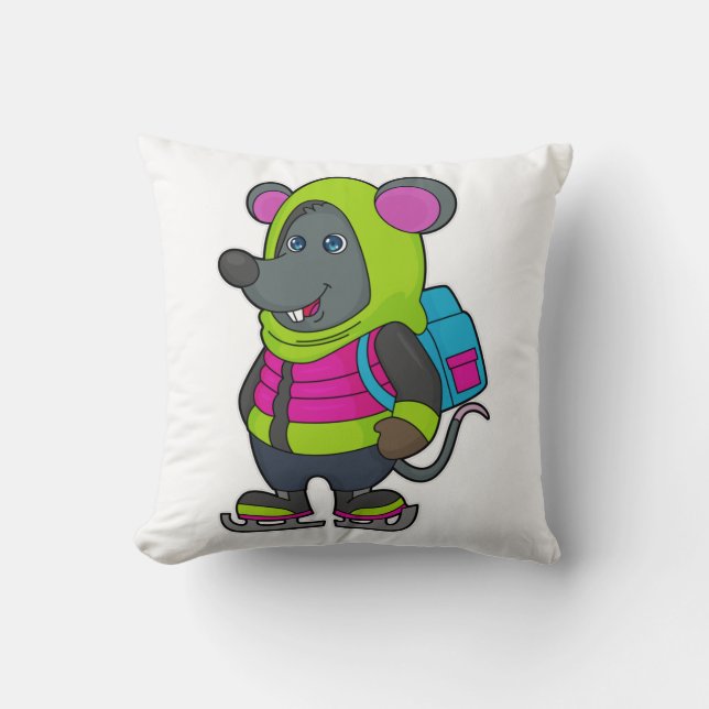 Mouse at Ice skating with Ice skates & Backpack.pn Cushion (Front)