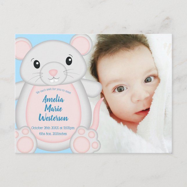 Mouse Baby Shower Blue Postcard (Front)
