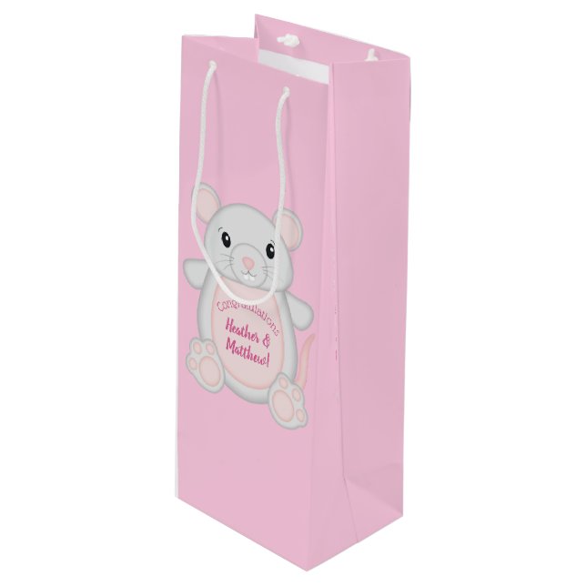 Mouse Baby Shower Pink Wine Gift Bag (Front Angled)