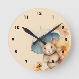 Mouse blue umbrella flowers old paper round clock