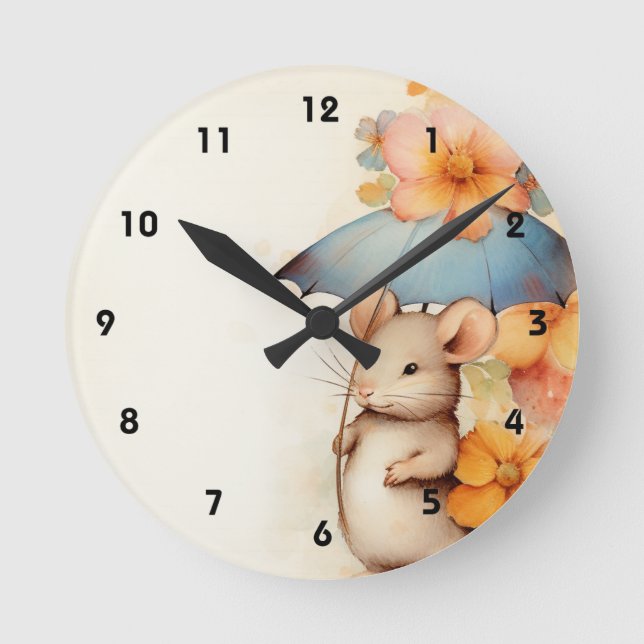 Mouse blue umbrella orange and blue flowers round clock (Front)