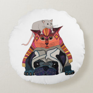 mouse cat pug white round cushion