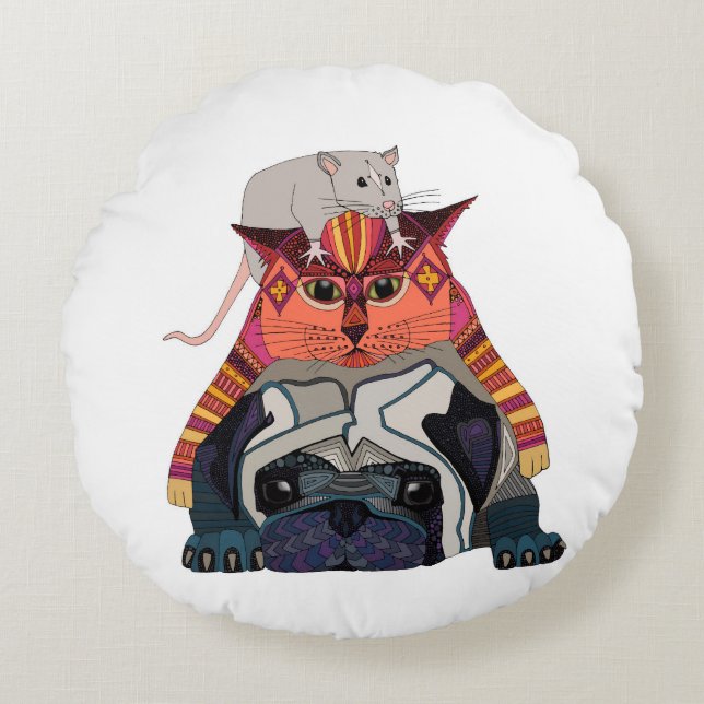 mouse cat pug white round cushion (Front)