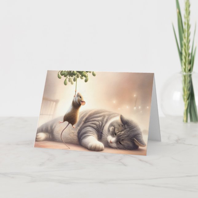 Mouse Cat Under the Mistletoe Holiday Card (Front)