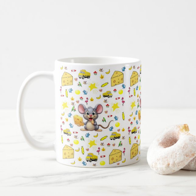 Mouse Cheese Cat Bird Trucks Yellow Stars Mug (With Donut)