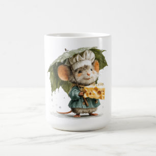 Mouse Chef in Rain with Leaf Umbrella and Cheese Coffee Mug