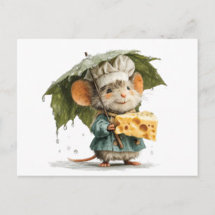 Mouse Chef in Rain with Leaf Umbrella and Cheese Holiday Postcard