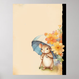 Mouse cute umbrella orange flowers old paper poster