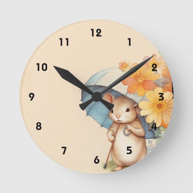 Mouse cute umbrella orange flowers old paper round clock (Front)