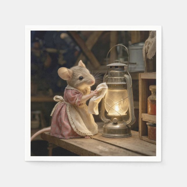 Mouse Dusting an Old Lantern Napkin (Front)