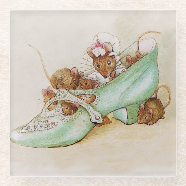 Mouse Family in a Shoe by Beatrix Potter Glass Coaster (Front)
