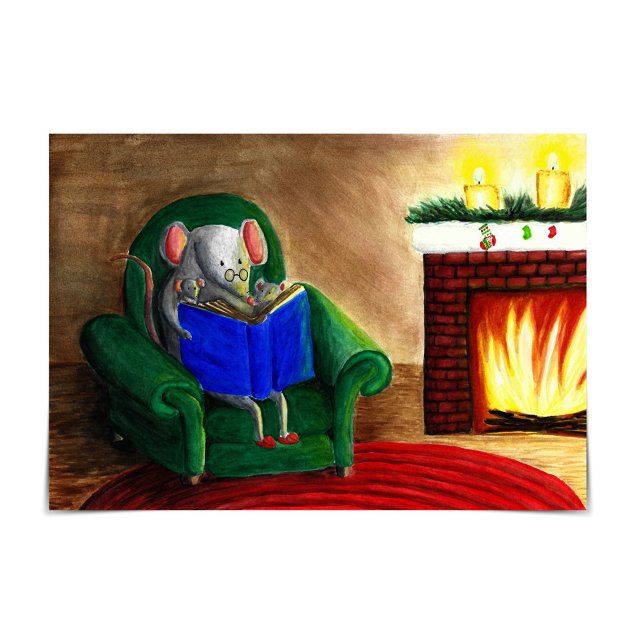 Mouse Family Reading by Fireplace Christmas Card (Creator Uploaded)