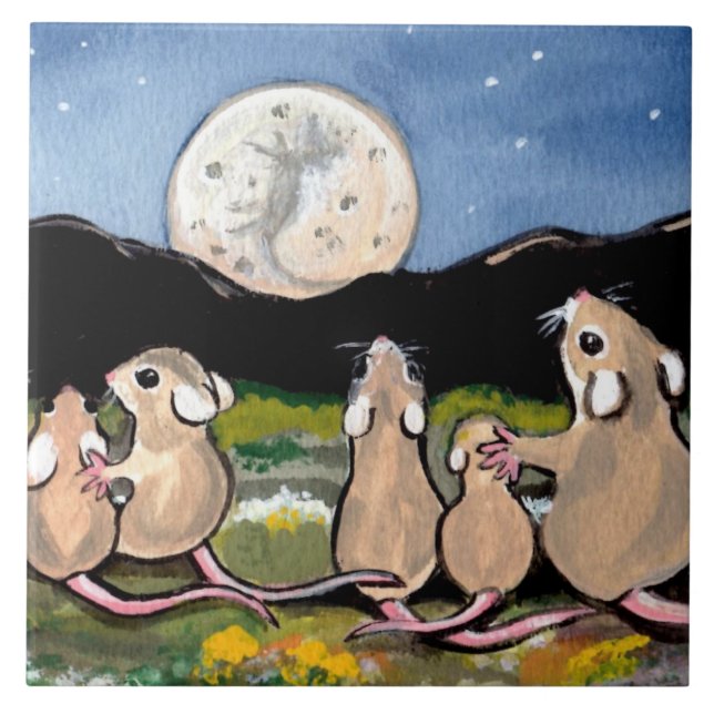 Mouse Family Watching Moon 6" Tile Trivet (Front)