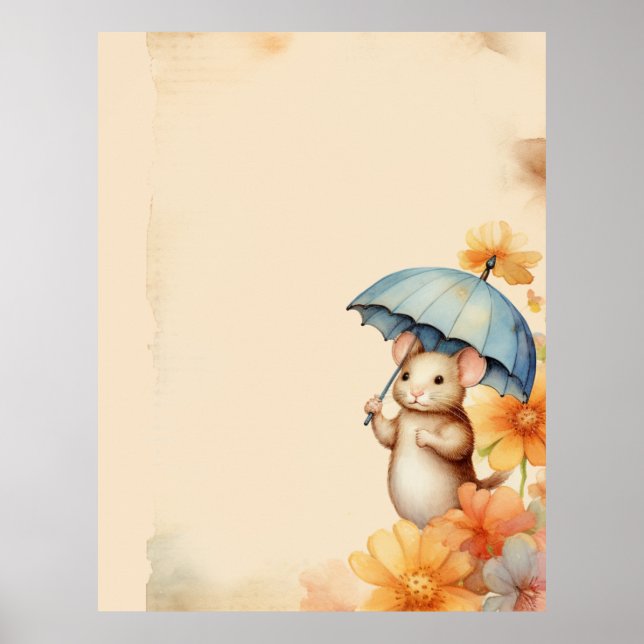 Mouse flowers blue orange pink old browned paper poster (Front)