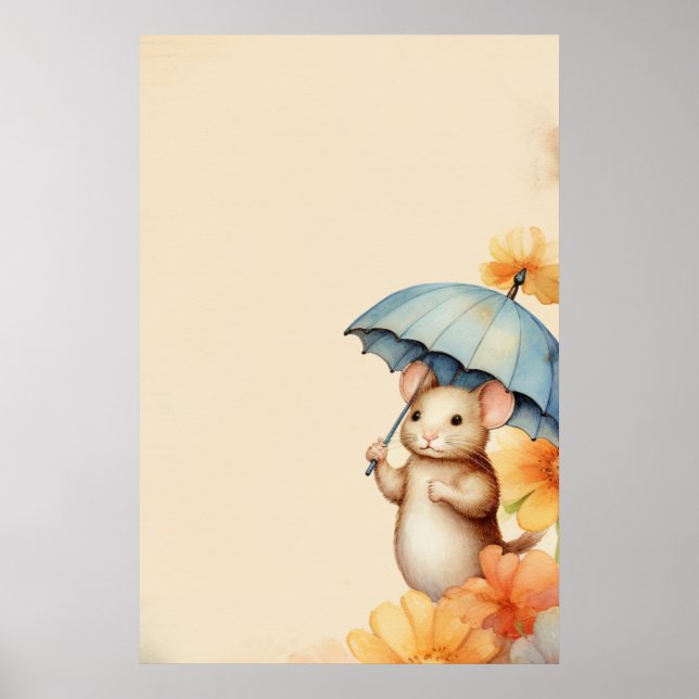 Mouse flowers blue orange pink old browned paper poster (Front)