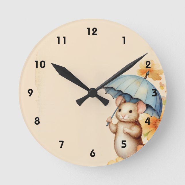 Mouse flowers blue orange pink old browned paper round clock (Front)