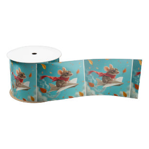 Mouse Flying a Paper Aeroplane Satin Ribbon