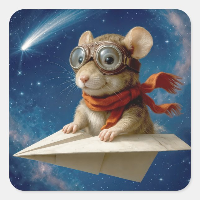 Mouse Flying In a Paper Aeroplane Square Sticker (Front)
