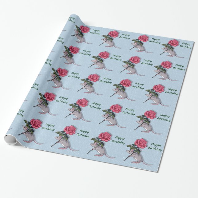Mouse Holding a Big Pink Rose: Illustration Wrapping Paper (Unrolled)