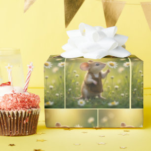 Mouse Holding a White Daisy Wrapping Paper