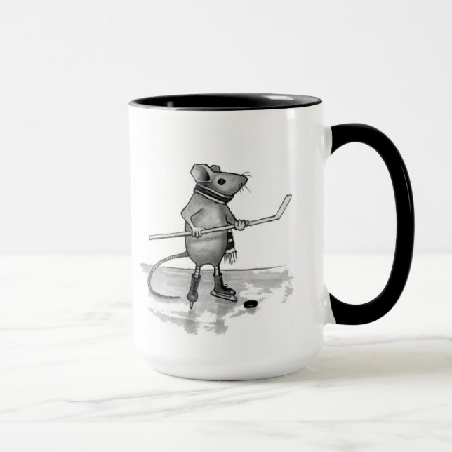 Mouse Holding Hockey Stick: Pencil Drawing Mug (Right)
