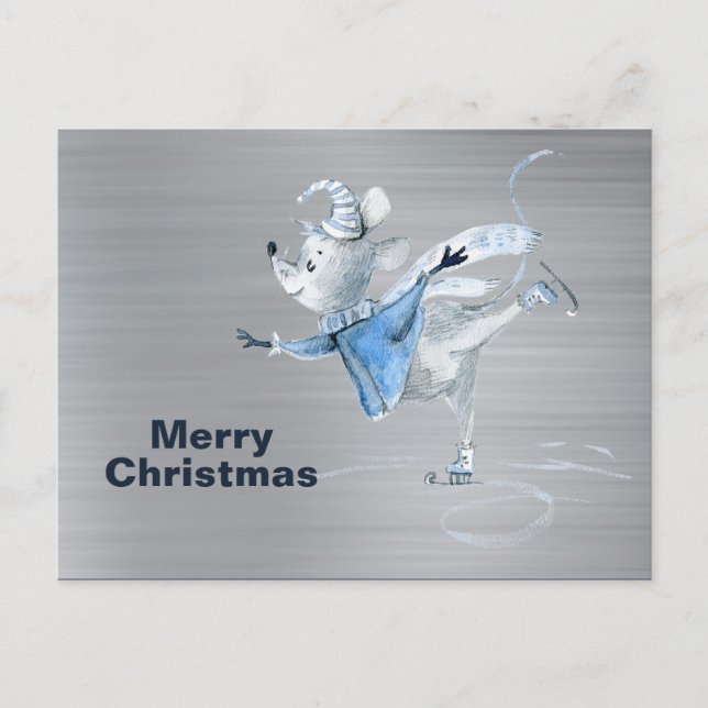 Mouse Ice Skating Silver Metal Christmas Postcard (Front)