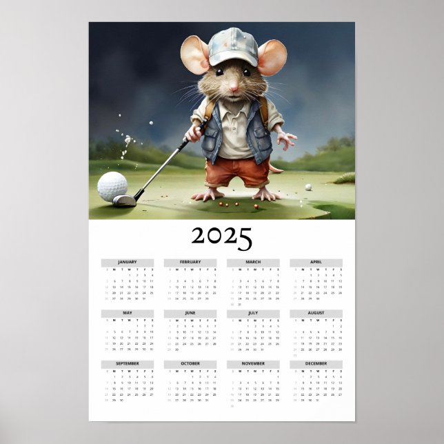 Mouse in a Baseball Cap Playing Golf Wall Calendar Poster (Front)