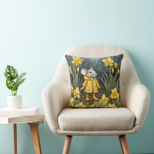 Mouse In a Rainy Daffodil Garden Cushion