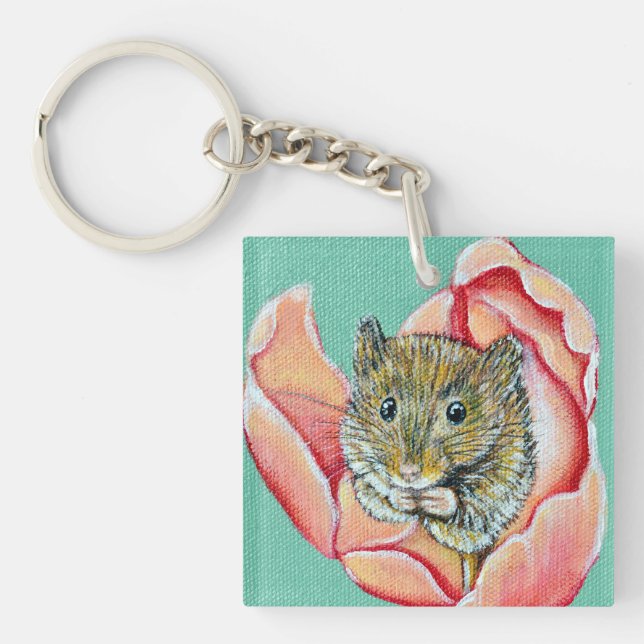Mouse in a Tulip Painting Key Ring (Front)