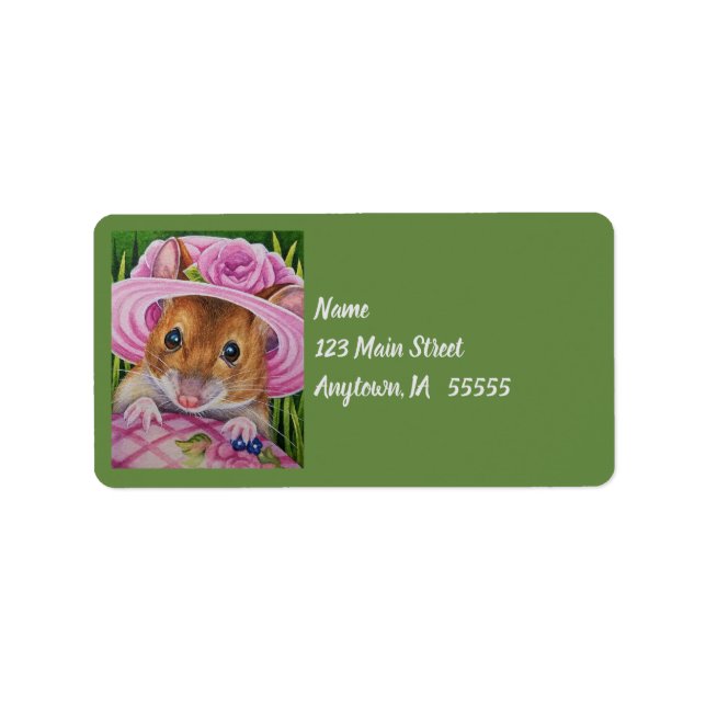 Mouse in Bonnet Found Pink Egg Watercolor Art Label (Front)