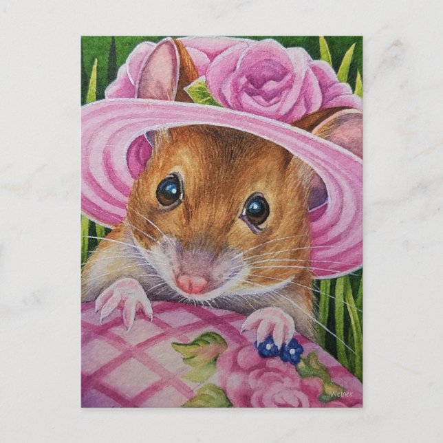 Mouse in Bonnet Found Pink Egg Watercolor Art Postcard (Front)