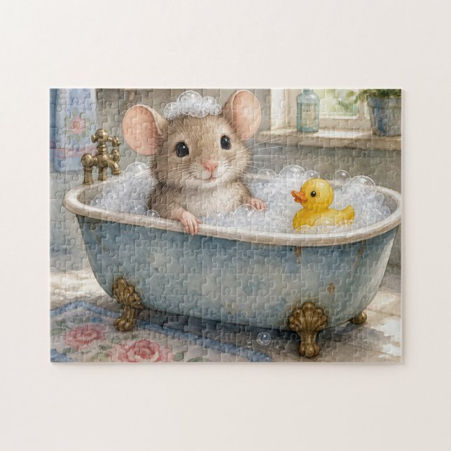 Mouse in Bubble Bath with Yellow Ducky Jigsaw Puzzle (Horizontal)