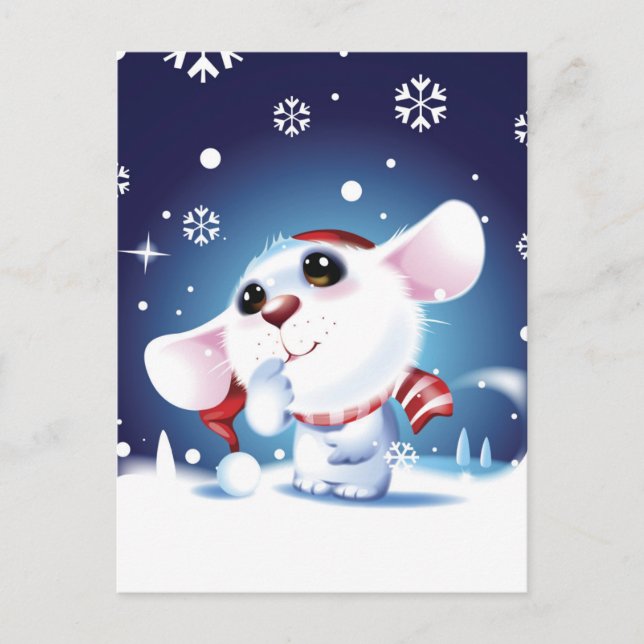 Mouse in hat and scarf watching snow fall postcard (Front)
