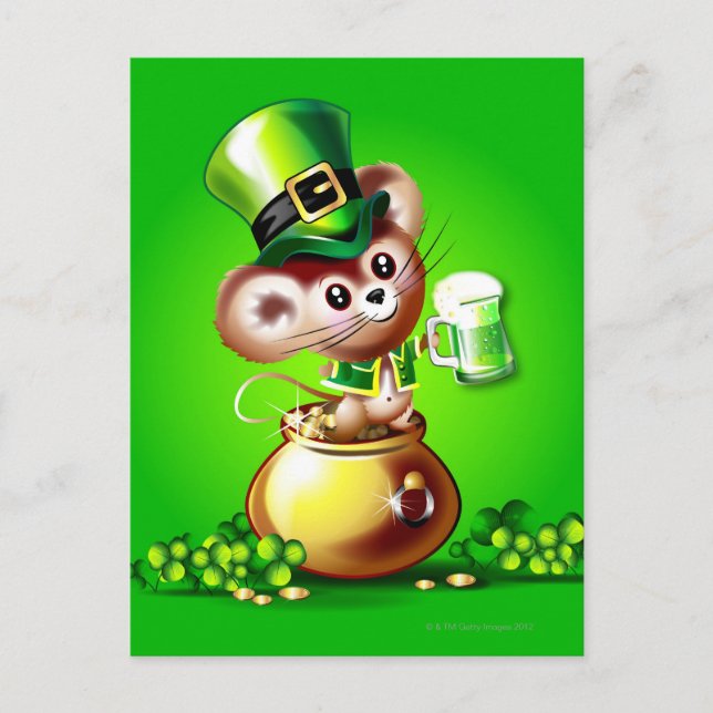 Mouse in pot of gold holding pint of green beer postcard (Front)