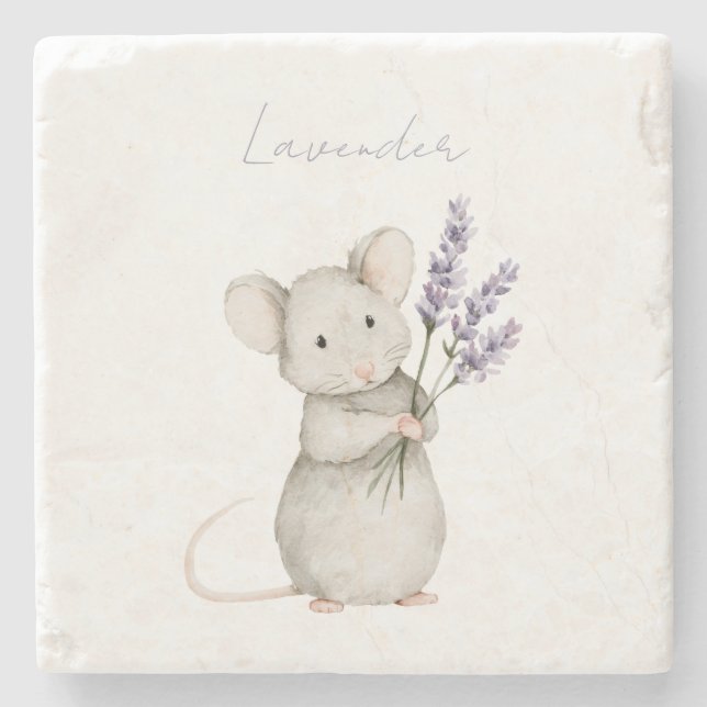 Mouse Lavender Flowers Stone Coaster (Front)